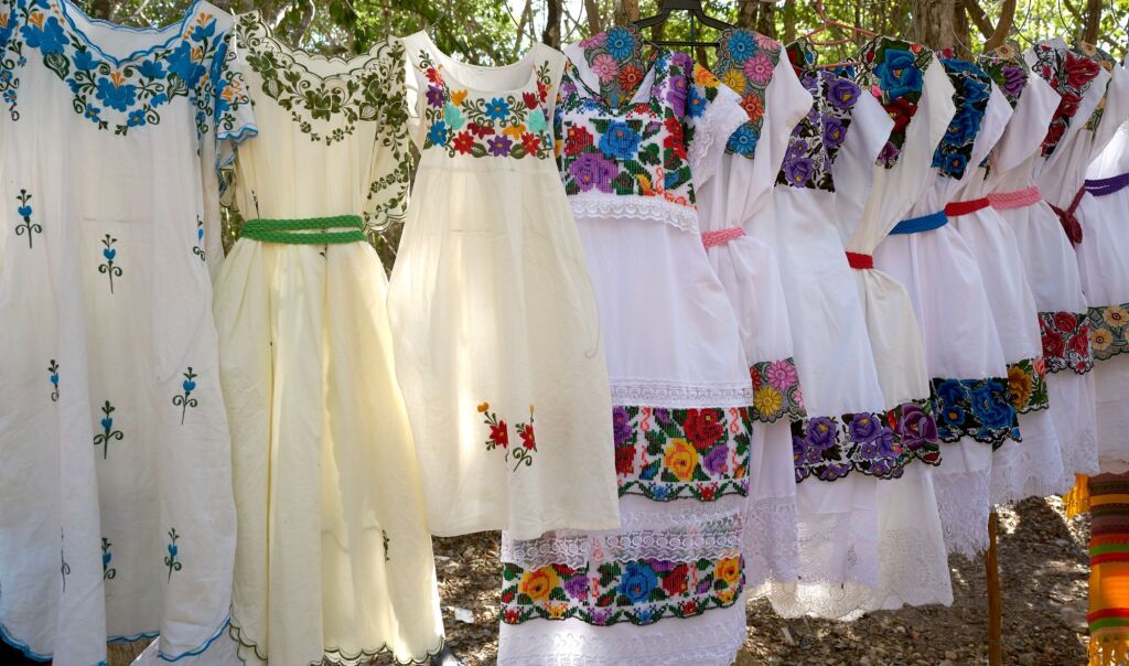 Chichen itza embroided dresses in outdoor shop Mexico Yucatan
