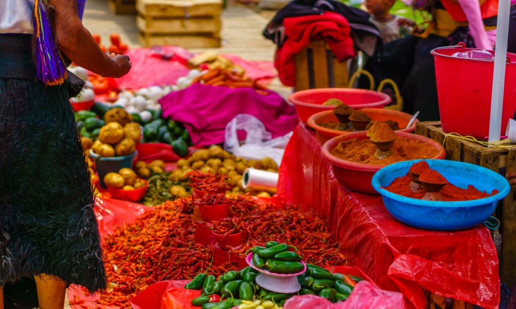 Red chillies on maya market in Mexico
