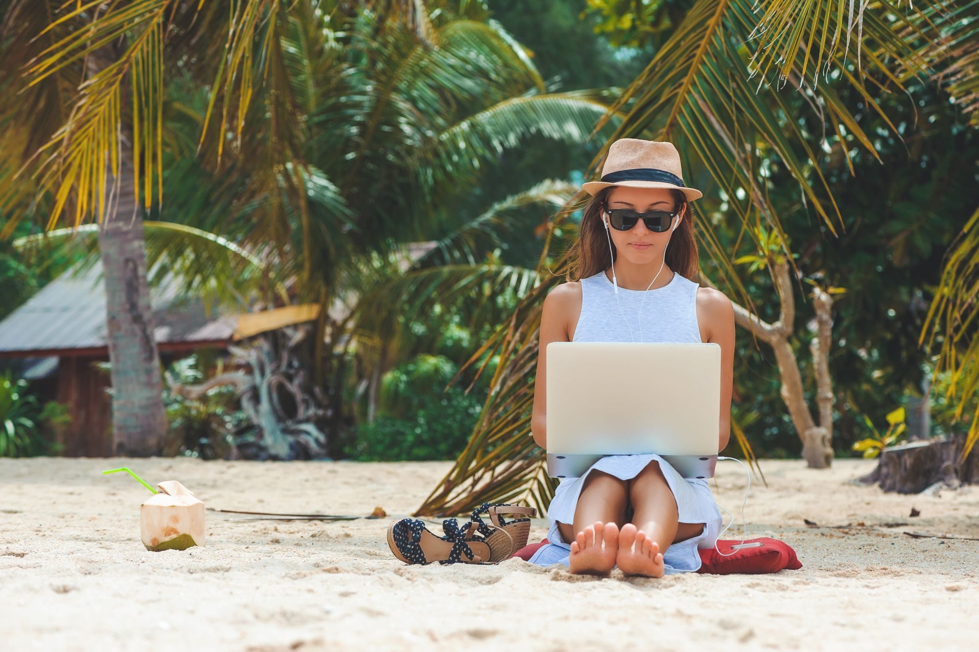 Młoda atrakcyjna kobieta w sukience, okulary przeciwsłoneczne i kapelusz, praca w laptopie na plaży, na palmach tle, dziewczyna freelancer pracy