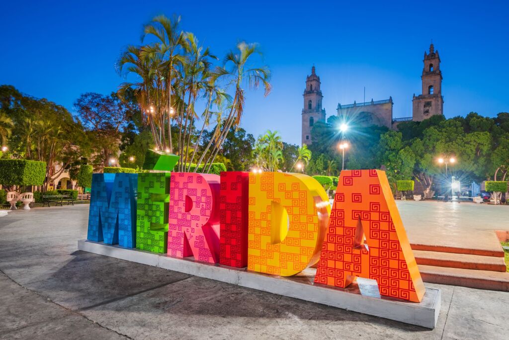Merida, Mexico. Plaza Grande and San Ildefonso cathedral in colonial city of Yucatan Peninsula.