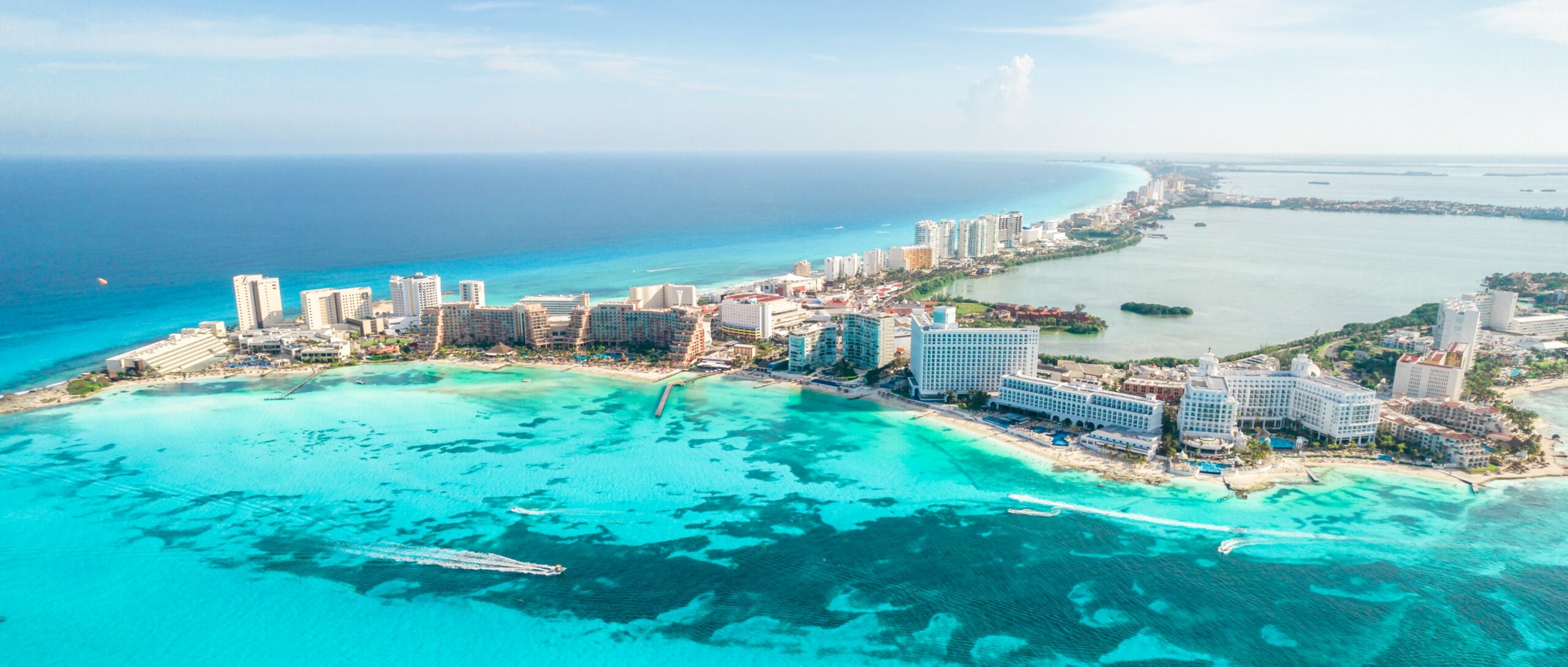 Aerial view of Cancun beach in Mexico. Caribbean coast landscape on Yucatan Peninsula