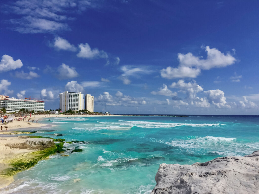 Cancun Mexico beautiful caribbean sea on a sunny day and cloudy sky