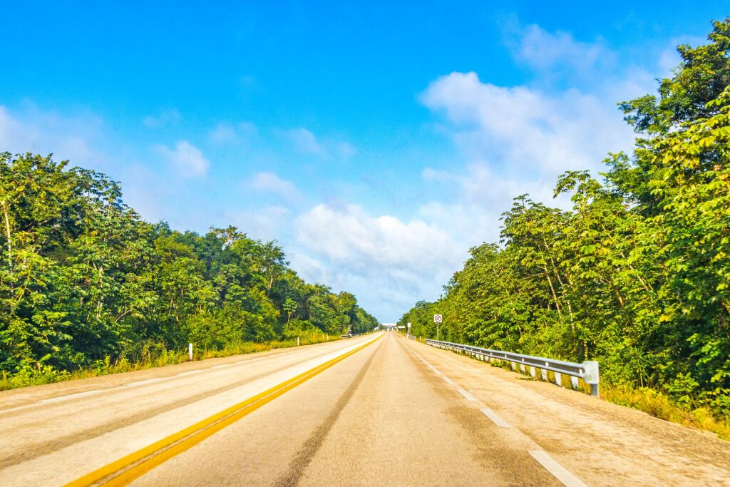 Driving on the highway in the jungle and tropical nature of Playa del Carmen Quintana Roo and Lázaro Cárdenas Mexico.