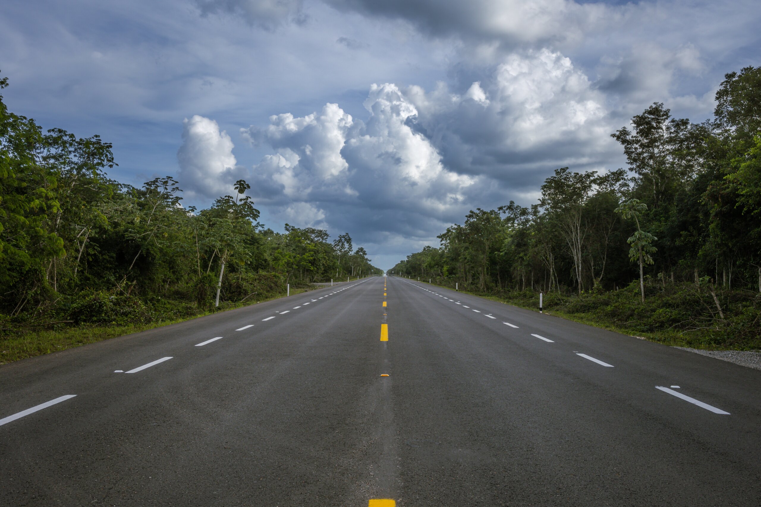 Empty highway with yellow and white lines surrounded by green tropical jungle on a cloudy day near Playa del Carmen