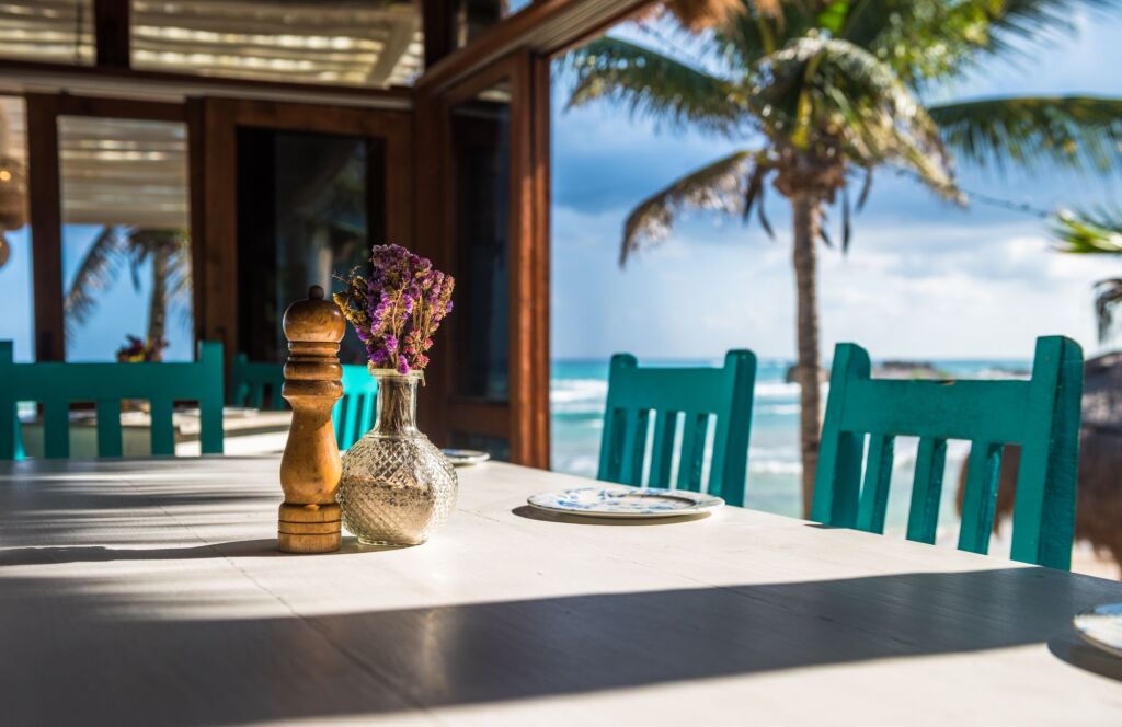 Seascape tropical beach restaurant, shallow focus