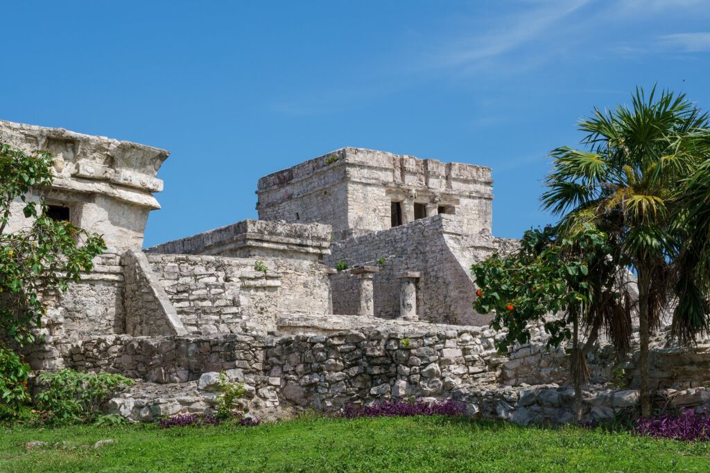 Ancient Mayan El Castillo Pyramid on a clear blue summer day. In Tulum, Mexico.