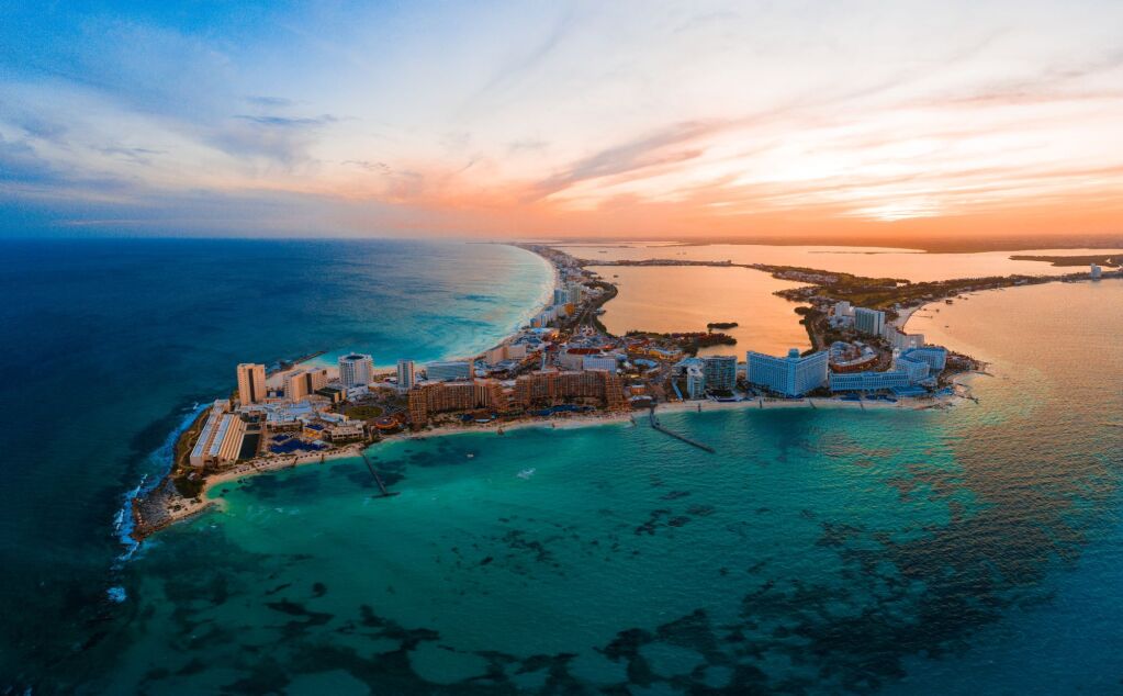Cancun sunset with drone wiew