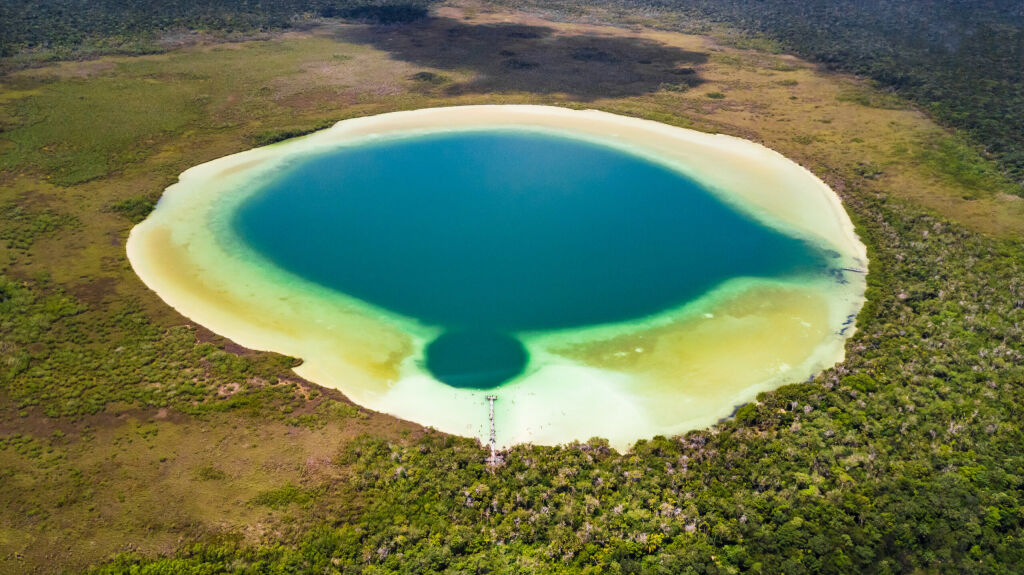 Drone view of the hidden treasure Kaan Luum lagoon in Tulum Quintana Roo Mexico