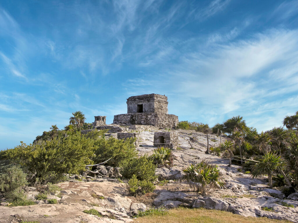 Mayan ruins in Tulum Yucatan peninsula against blue sky