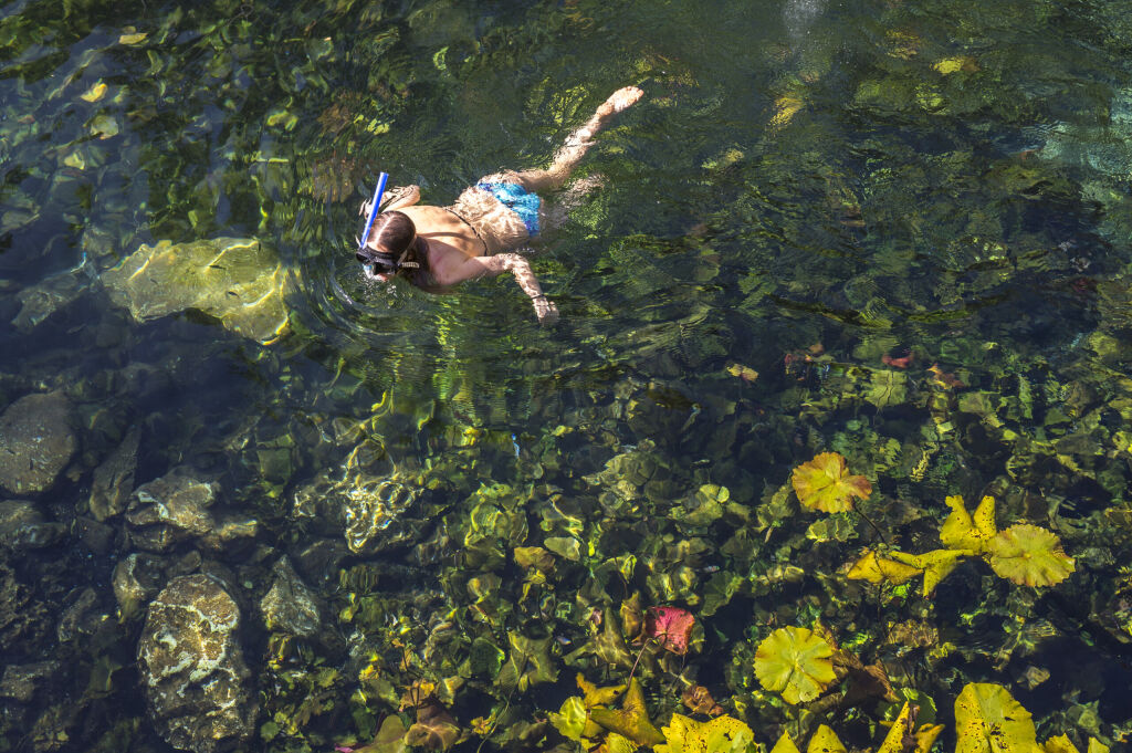 woman swimming in a cenote waterhole in Mexico