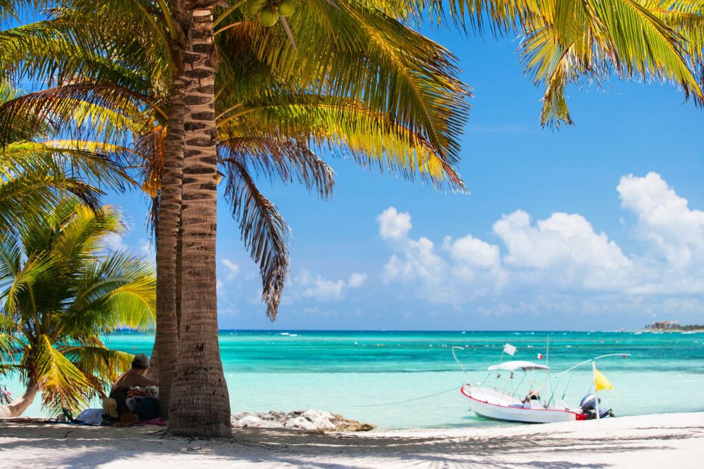 Beautiful Akumal beach in Mexico with white sand, turquoise water and palms