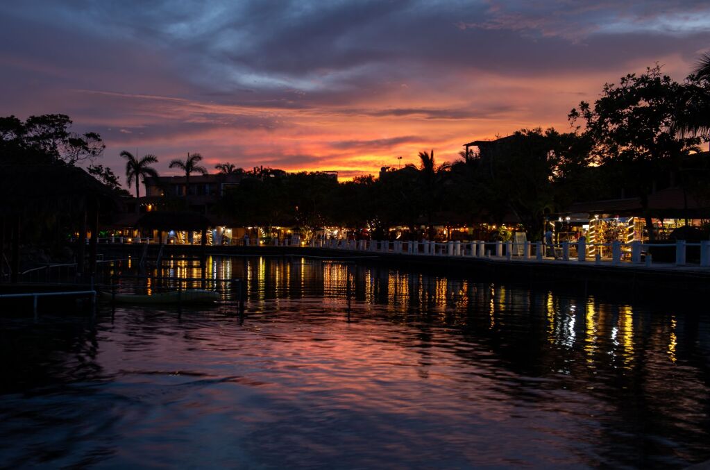 Beautiful sunset and reflection in the water. Puerto Aventuras, Quintana Roo, Mexico.